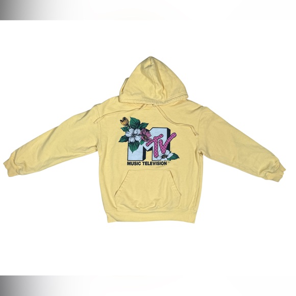 MTV Retro Music TV Hoodie Size Small Yellow Tropical Hibiscus Y2K - Picture 2 of 10